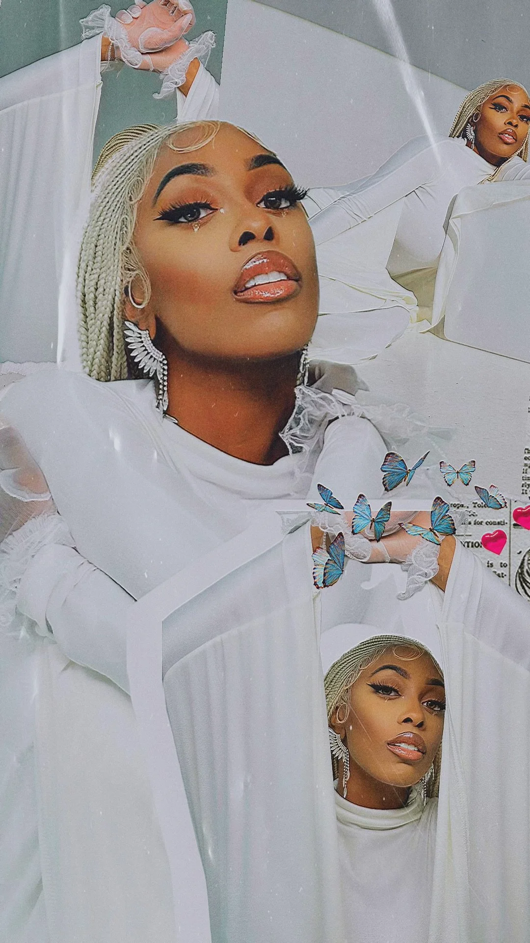 Collage of a woman with braided hair wearing a white outfit, featuring butterflies and heart motifs, with various poses and angles.