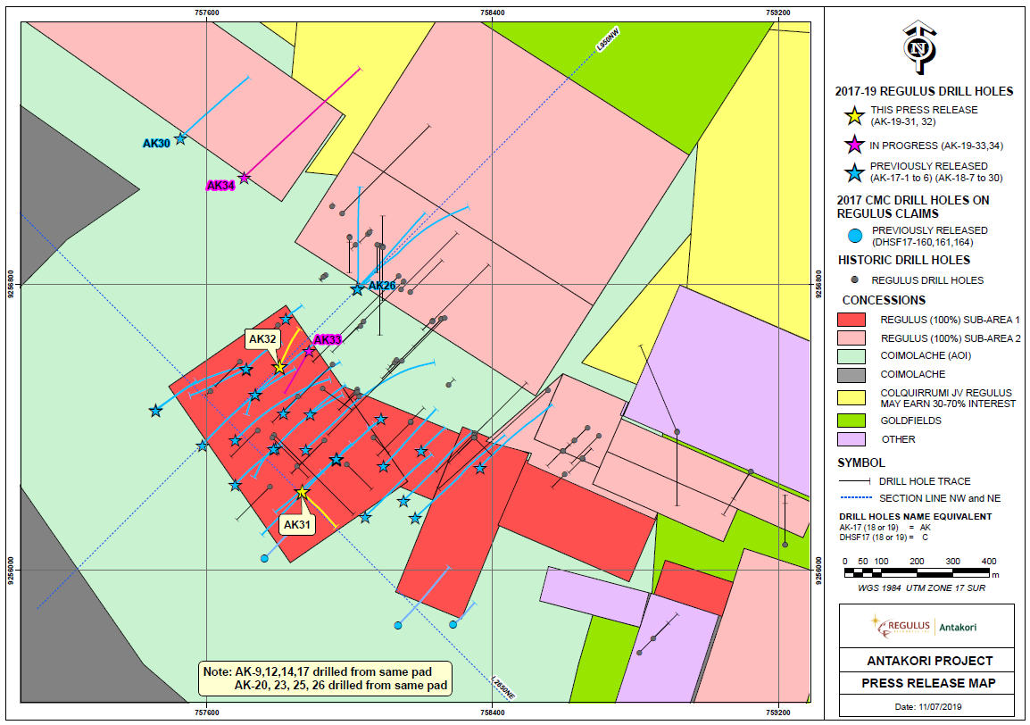 Figure 1: Drill hole location map – AntaKori Project. The current Regulus drilling program is highlighted. Section lines L2650NE and L950NW are shown in Figures 2 and 3