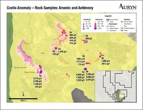 Figure 5: Illustrates the distribution of arsenic and antimony mineralization within the high sulphidation alteration system that suggests that a precious metal target is at shallow depths beneath the surface.