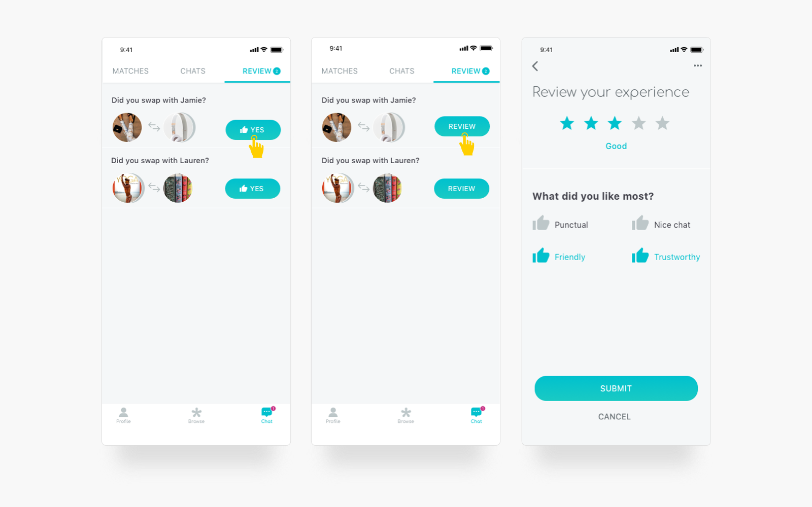 With the aim to guide first time users through the mobile app, a set of tooltips were specifically designed to prompt snippets of information when onboarding Swapsy.