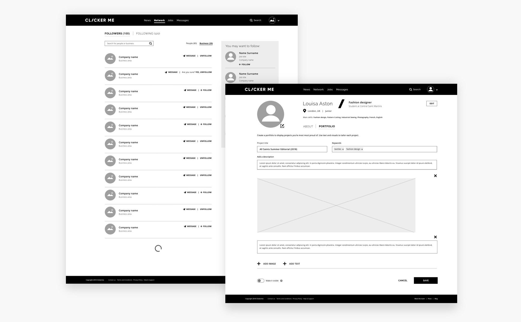 The platform goal was to onboard members first, aid professionals needing a space to display their work and get informed about the industry. Therefore, sections such as “Jobs”, not part of the MVP scope, were only presented to users for insights on