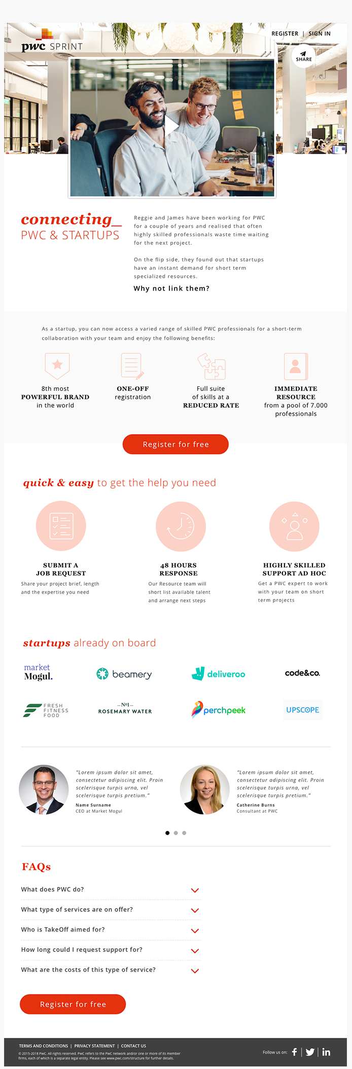 This InVision prototype takes startup recruiting teams through the process of registering a new account on PWC Sprint, requesting a new job and reviewing potential partners matched by the system: https://projects.invisionapp.com/share/4KKXSV8ZRUG