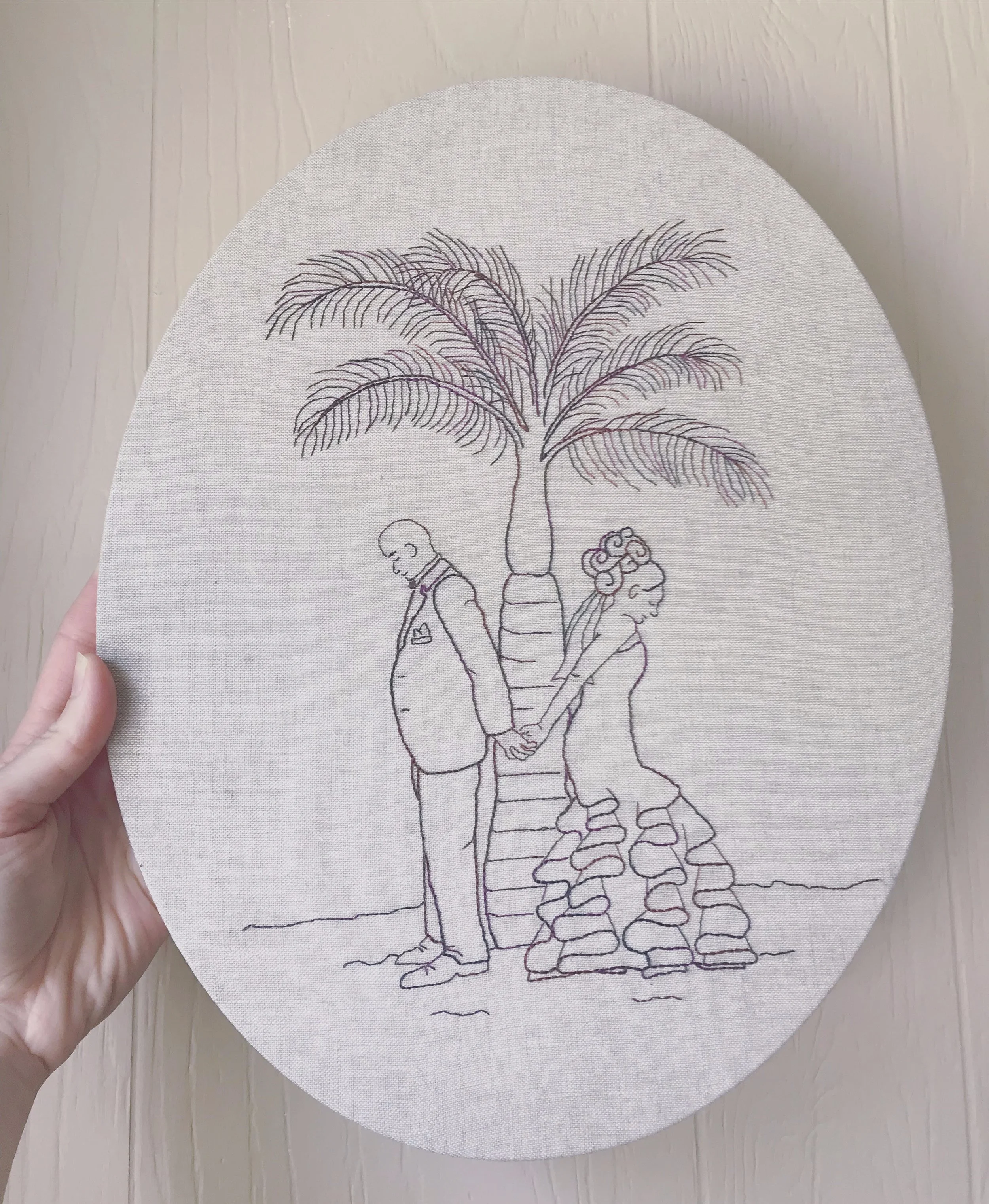 a custom made gift for a special wedding anniversary; hand-stitched on linen and stretched onto frame