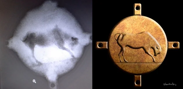 The X-rays of the bronze disc, and artist's reconstruction of the bull.