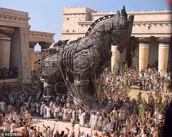 A Trojan horse is shown in a scene from the action film 'Troy' starring Brad Pitt.
