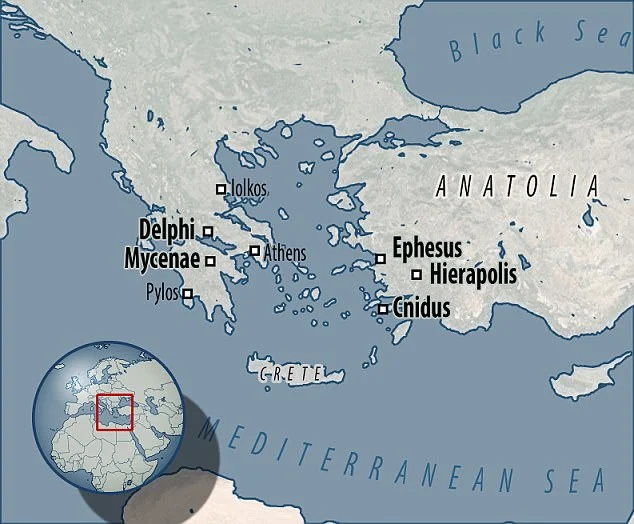 The new study shows how cities and sacred cities across the Aegean region are specifically located above earthquake fault lines. Delphi and Mycenea in Greece, and Ephesus, Hierapolis and Cnidus in Turkey are all included