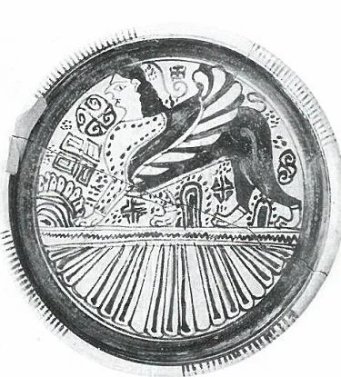 Fig.10: Late Wild Goat Style, possibly Rhodian, plate from Tocra featuring a Sphinx design. Source: John Boardman 1998.