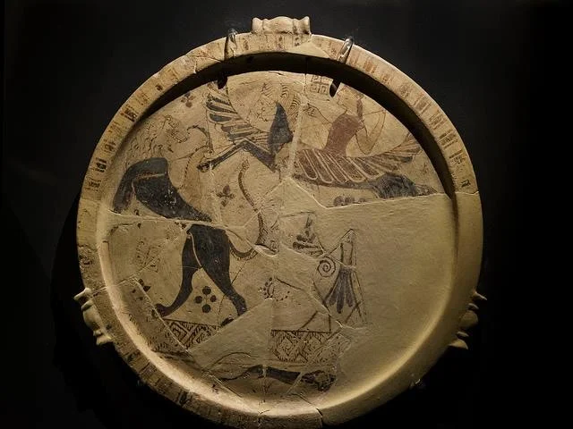 Fig.15: Cycladic plate depicting Bellerophon and Pegasus fighting the Chimaera. Found in the Archaeological Museum of Thasos. Author: Egisto Sani 2014.