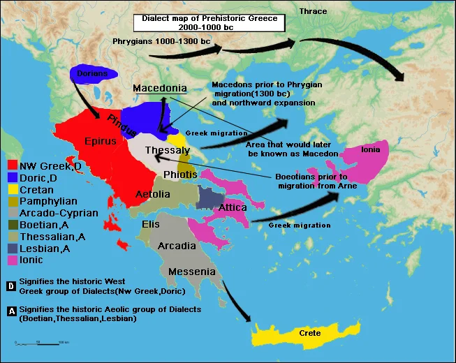 Greek Language Prehistory (2000-1000 BC), showing the complex pattern of peoples migrations and their languages and dialects