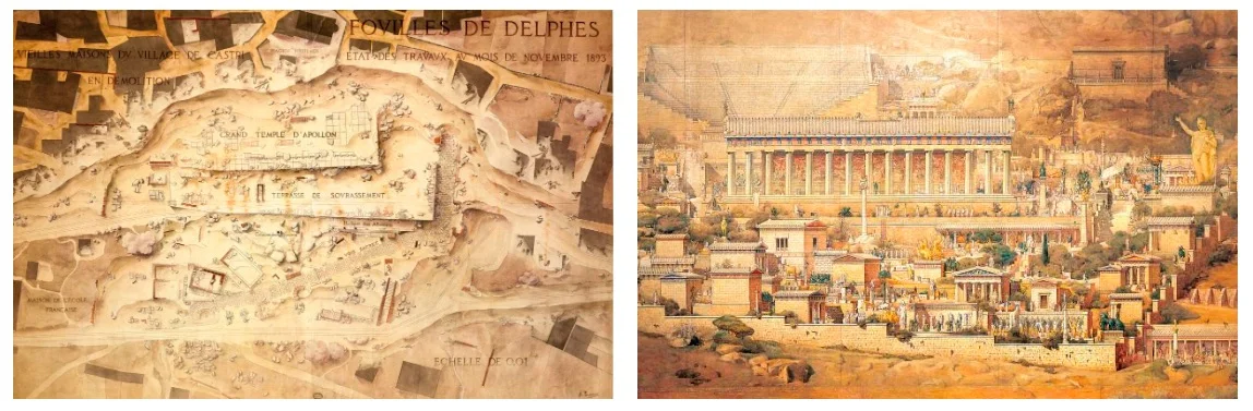 Left: Excavation status at Delphi in November 1893. Right: In 1894, Albert Tournaire painted how he imagined the Santuary of Apollo appeared in Ancient Greece.