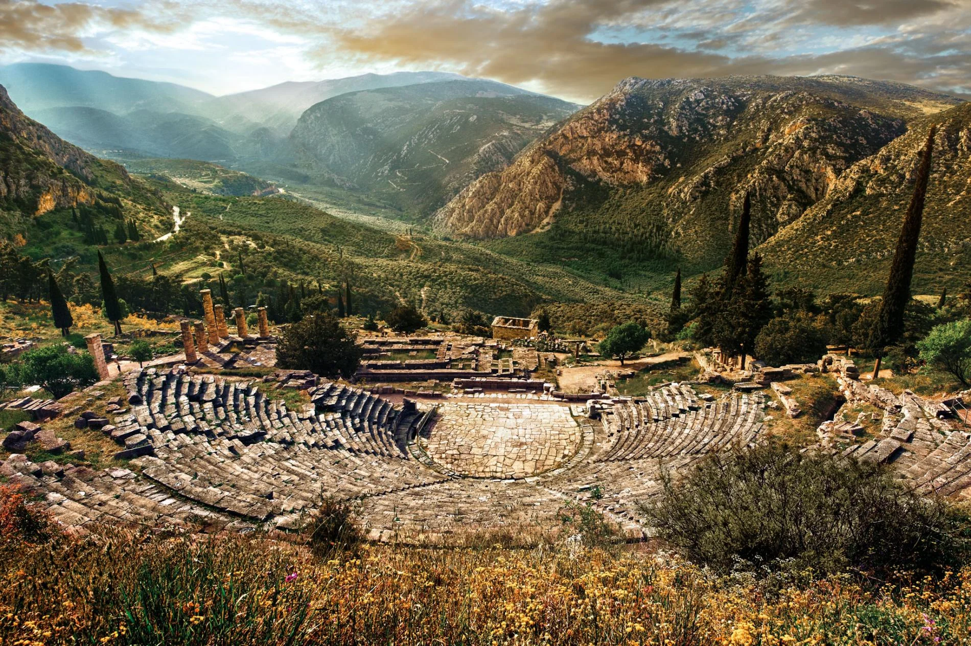 ALL THE WORLD'S A STAGE Excavated between 1895 and 1897, the amphitheater of Delphi sits up the hill from the Temple of Apollo. A massive space, it was able to seat an audience of up to 5,000 people. Musical, poetic, and dramatic performances were staged here. PHOTOGRAPH FUNKYSTOCK/AGE FOTOSTOCK