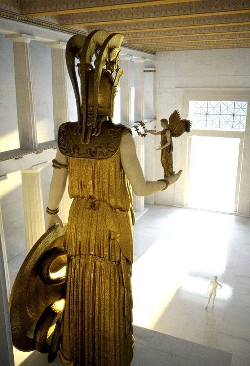 Phidias also sculpted a large statue of Athena to stand at the Parthenon – it was covered in gold and ivory - Digital reconstruction of how the Phidias Athena Parthenos might have looked.