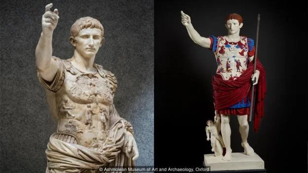 Paint would be applied directly to bronze or marble, as depicted in this recreation of the Prima Porta statue of Augustus (Credit: Ashmolean Museum of Art and Archaeology, Oxford)