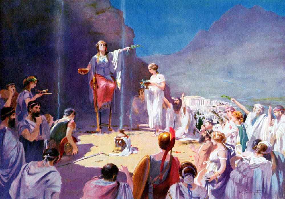 Universal History Archive/Getty ImagesPythia, the Oracle of Delphi, speaking to her subjects.