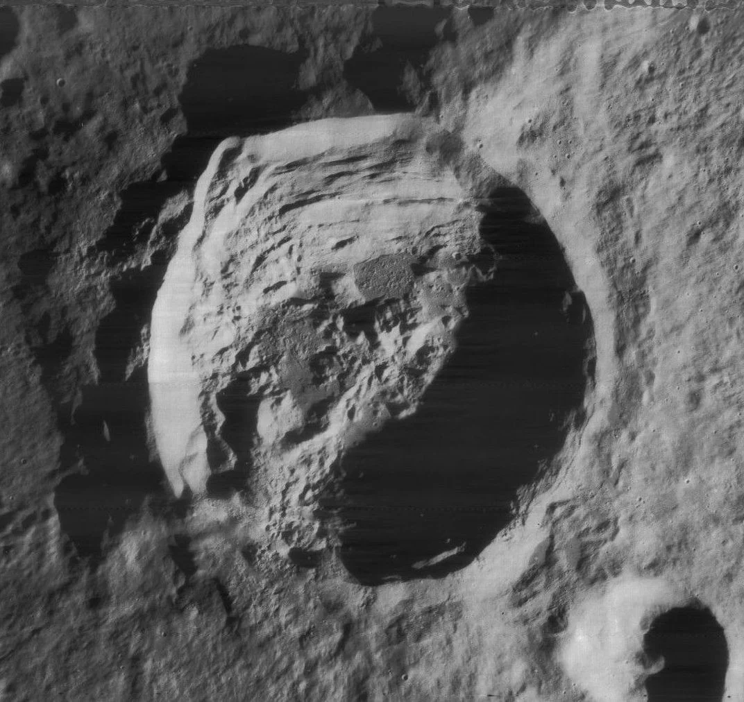 Anaxagoras crater near the north pole of the moon, imaged by the Lunar Orbiter 4 spacecraft in 1967. (NASA)