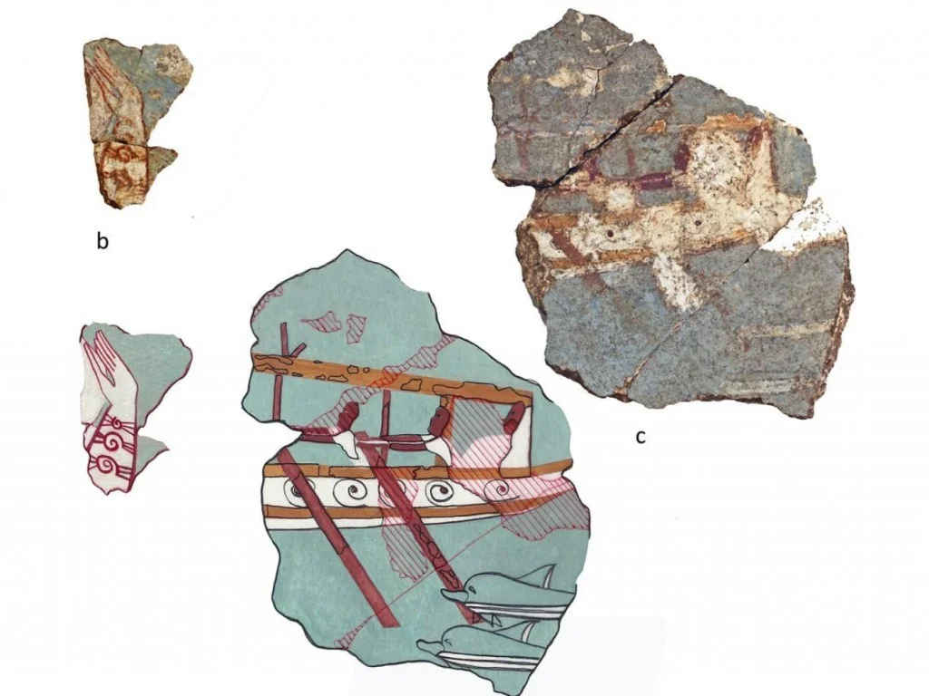 ( Fragment -right- of an ancient Greek wall painting at a site in Iklaina: The earliest naval representation from the Greek Mainland )