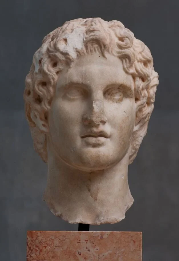 Head of Alexander, found near the Erechtheion of the Athens Acropolis in 1886. Thought to be an original work of the sculptor Leochares, made around 330 BC. Acropolis Museum, Athens.