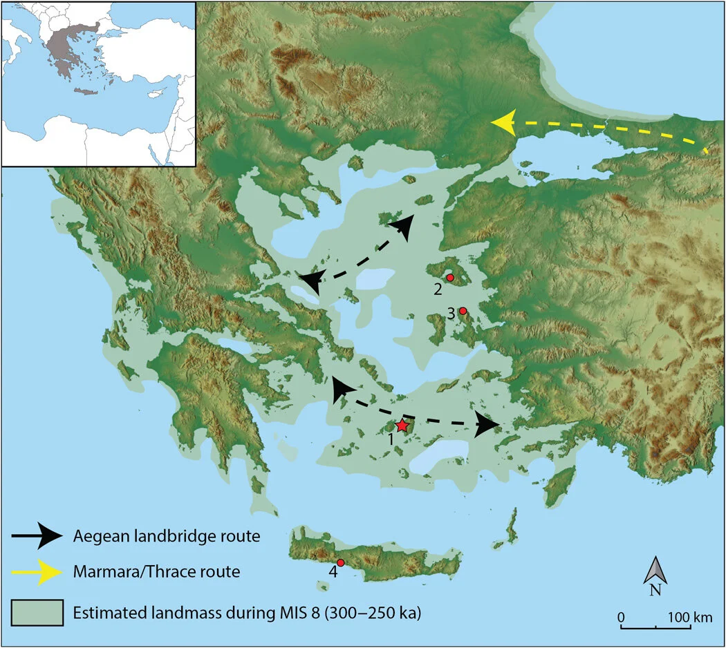 Location of Stelida archaeological site and hypothesized hominin dispersal routes during Marine Isotope Stage 8. 1, Stelida; 2, Rodafnidia; 3, Karaburun; and 4, Plakias.Base map modified from Lykousis 2009