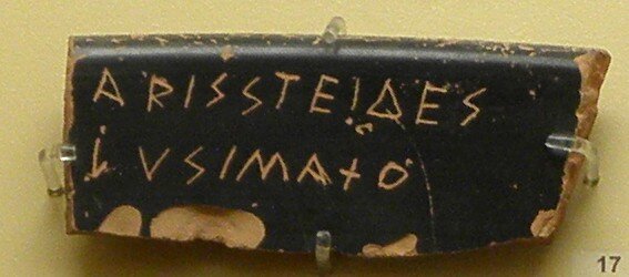  An  ostrakon  with the name of Aristeides "the Just", son of Lysimachos, ostracised in 482 BC. 
