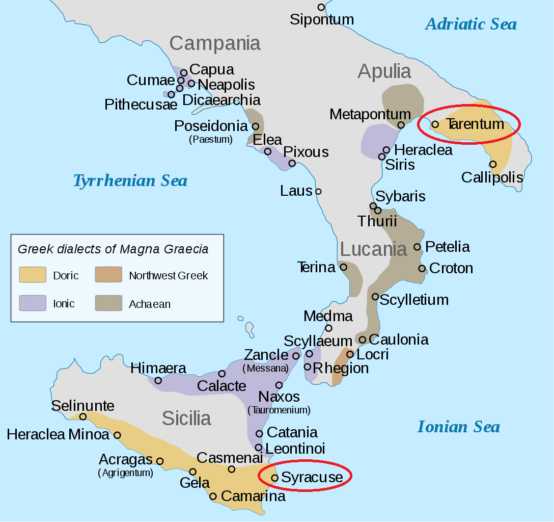 Map of Greek settlements in Italy in antiquity and Greek dialects