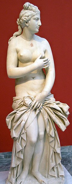 Goddess of beauty, love, desire, and pleasure. In Hesiod's Theogony (188–206), she was born from sea-foam and the severed genitals of Uranus; in Homer's Iliad (5.370–417), she is daughter of Zeus and Dione. She was married to Hephaestus, but bore him no children. She had many lovers, most notably Ares, to whom she bore Harmonia, Phobos, and Deimos. She was also a lover to Adonis and Anchises, to whom she bore Aeneas. She is usually depicted as a naked or semi-nude beautiful woman. Her symbols include myrtle, roses, and the scallop shell. Her sacred animals include doves and sparrows. Her Roman counterpart is Venus.