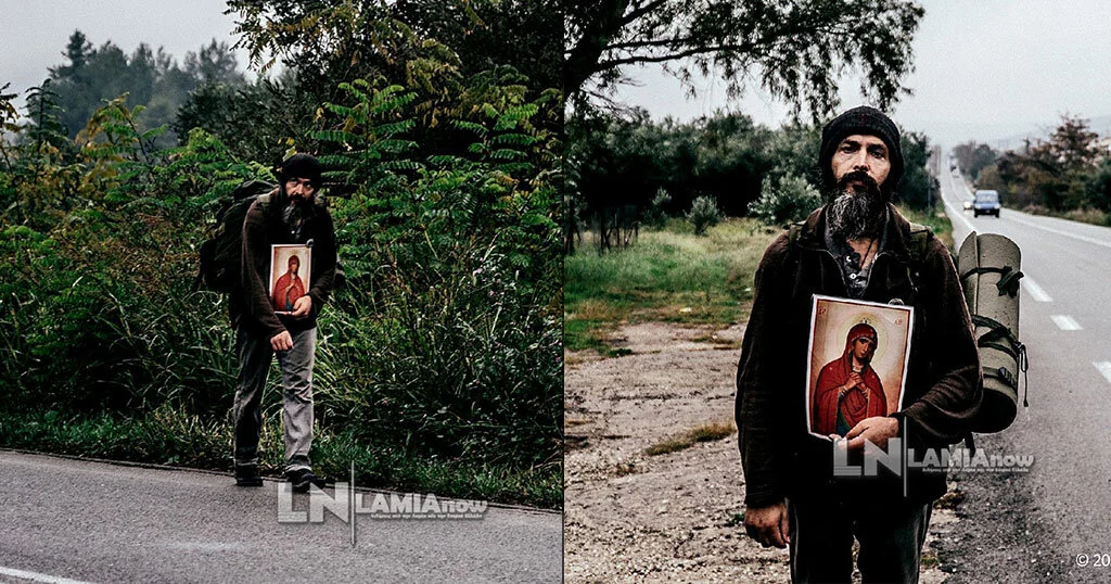 Greek commando (O.Y.K.) goes on foot from Lamia to Mount Athos, holding the icon of the Virgin Mary
