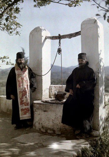   Priest and monk in a monastery in the village of Europoulos, Corfu  