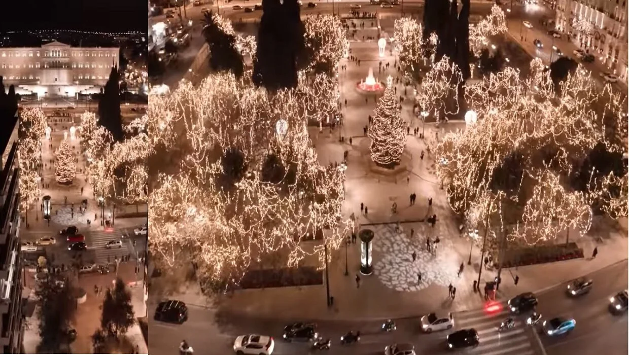 Majestic drone flight over Christmas Athens