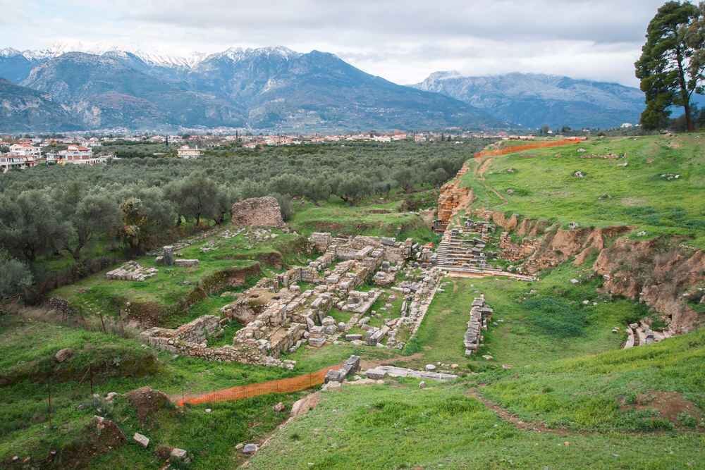 The theater of ancient Sparta with Mt. Taygetus in the background