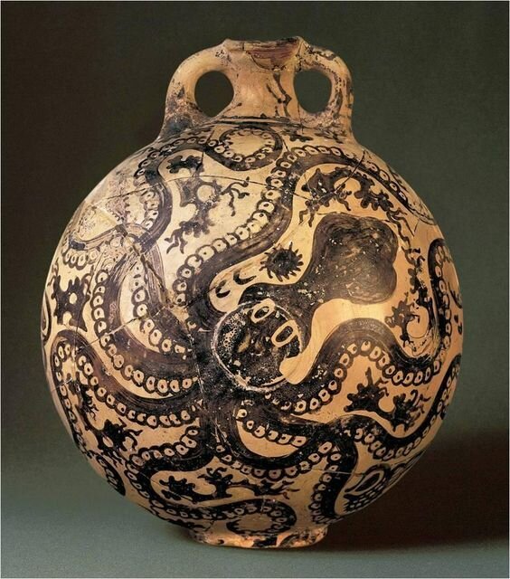 During the Late Minoan period (1570-1425 B.C.), nautical decorations were popular on pottery It was common to cover the whole surface of a vessel with paintings of creatures such as octopuses, fish, or dolphins. [SCALA, FLORENCE]