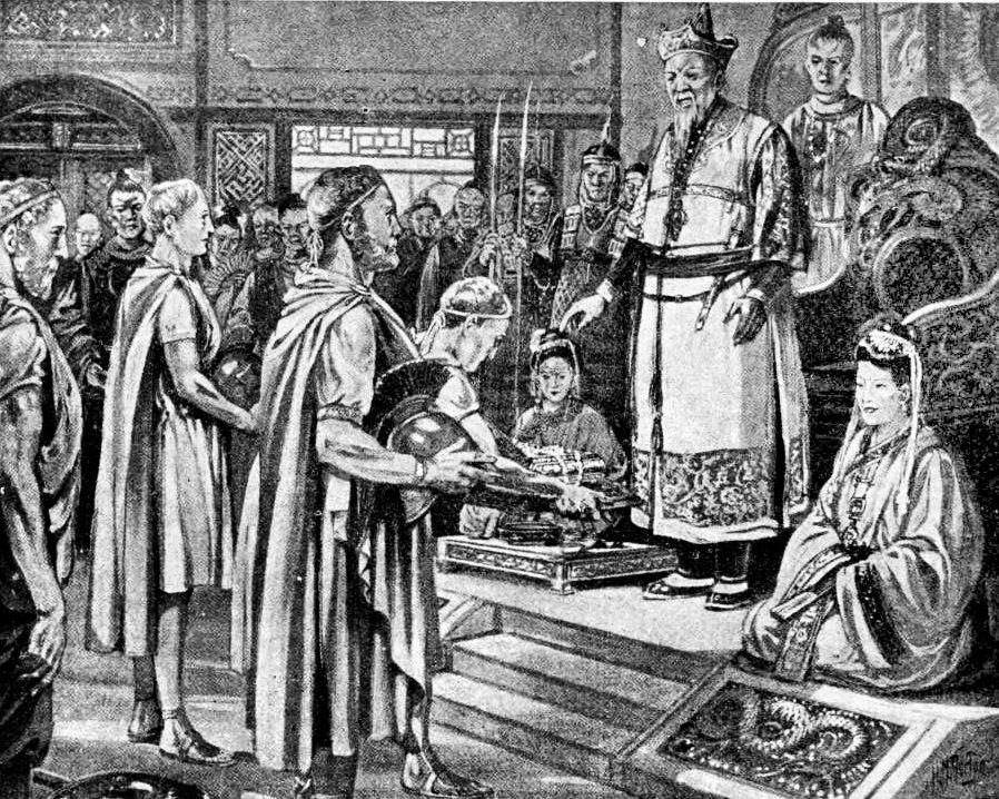Modern depiction of the reception of the ambassadors of Emperor Constans II at the court of Tang Taizong at Chang'an, 643 CE