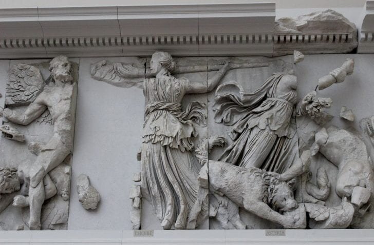 Phoebe and daughter Asteria depicted on the south frieze of the Pergamon Altar, Pergamon Museum, Germany