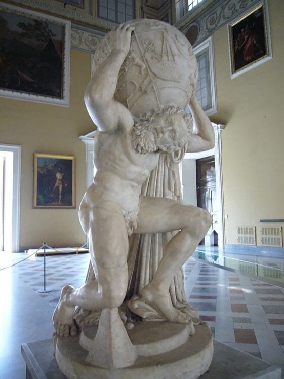 Farnese Atlas, son of Iapetus, holding the world on his shoulders, Roman copy of Greek original, in the National Archaeological Museum, Naples