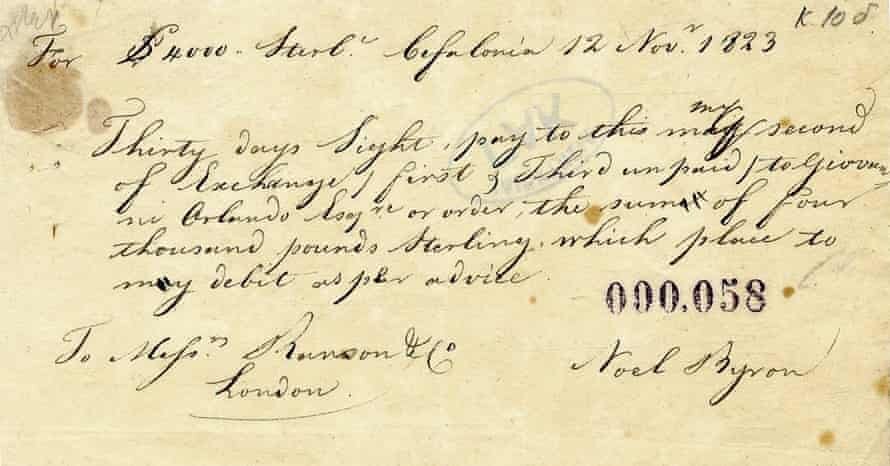 Note of exchange for £4,000 signed by Lord Byron. Photograph: General State Archives of Greece