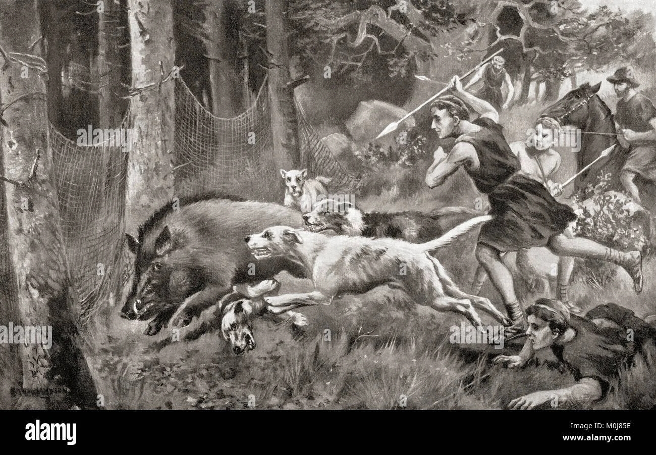 hunting-wild-boar-in-ancient-rome-from-hutchinsons-history-of-the-M0J85E.jpg