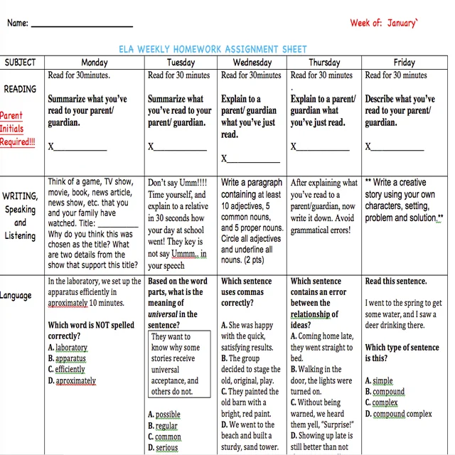 Keep students on track by using a weekly homework sheet. Encourage the four strands of literacy: reading, writing, speaking, and listening. This can be adopted and adapted to fit your student's needs