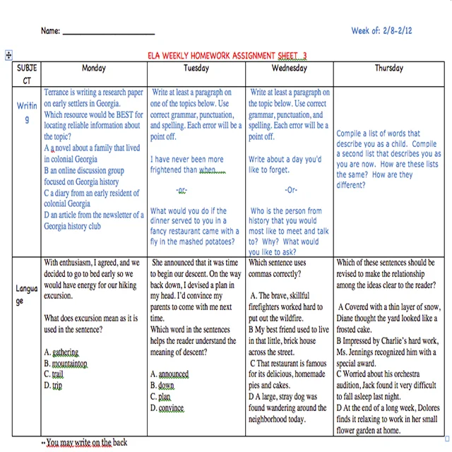 Keep students on track by using a weekly homework sheet. Encourage writing and language skills. This can be adopted and adapted to fit your student's needs