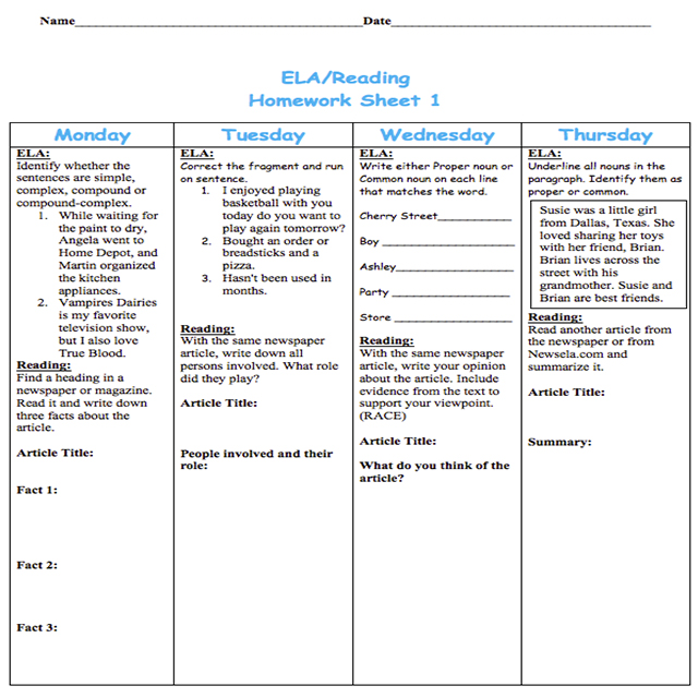 Keep students on track by using a weekly homework sheet. This can be adopted and adapted to fit your student's needs