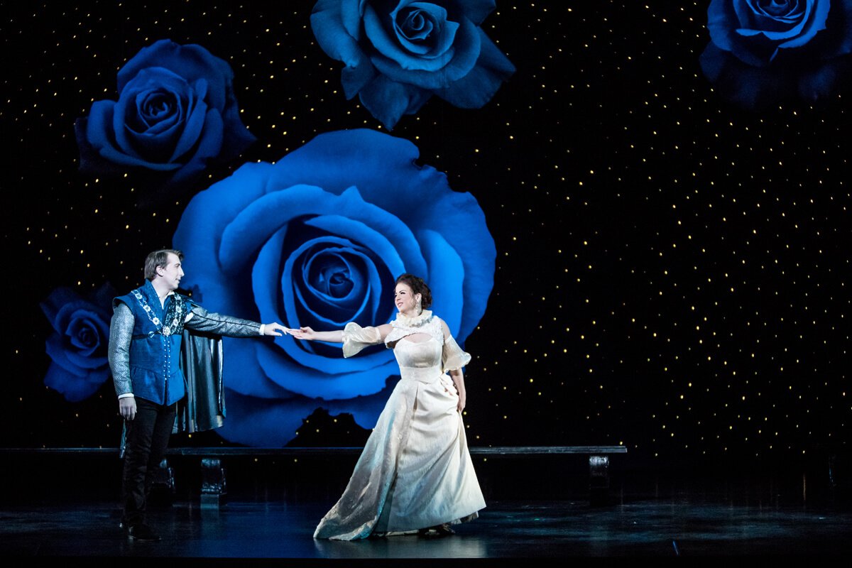 Photo: Soprano Angela Mortellaro as Juliet and tenor Joshua Dennis as Romeo in the Minnesota Opera production of Romeo and Juliet . Photo by Dan Norman.