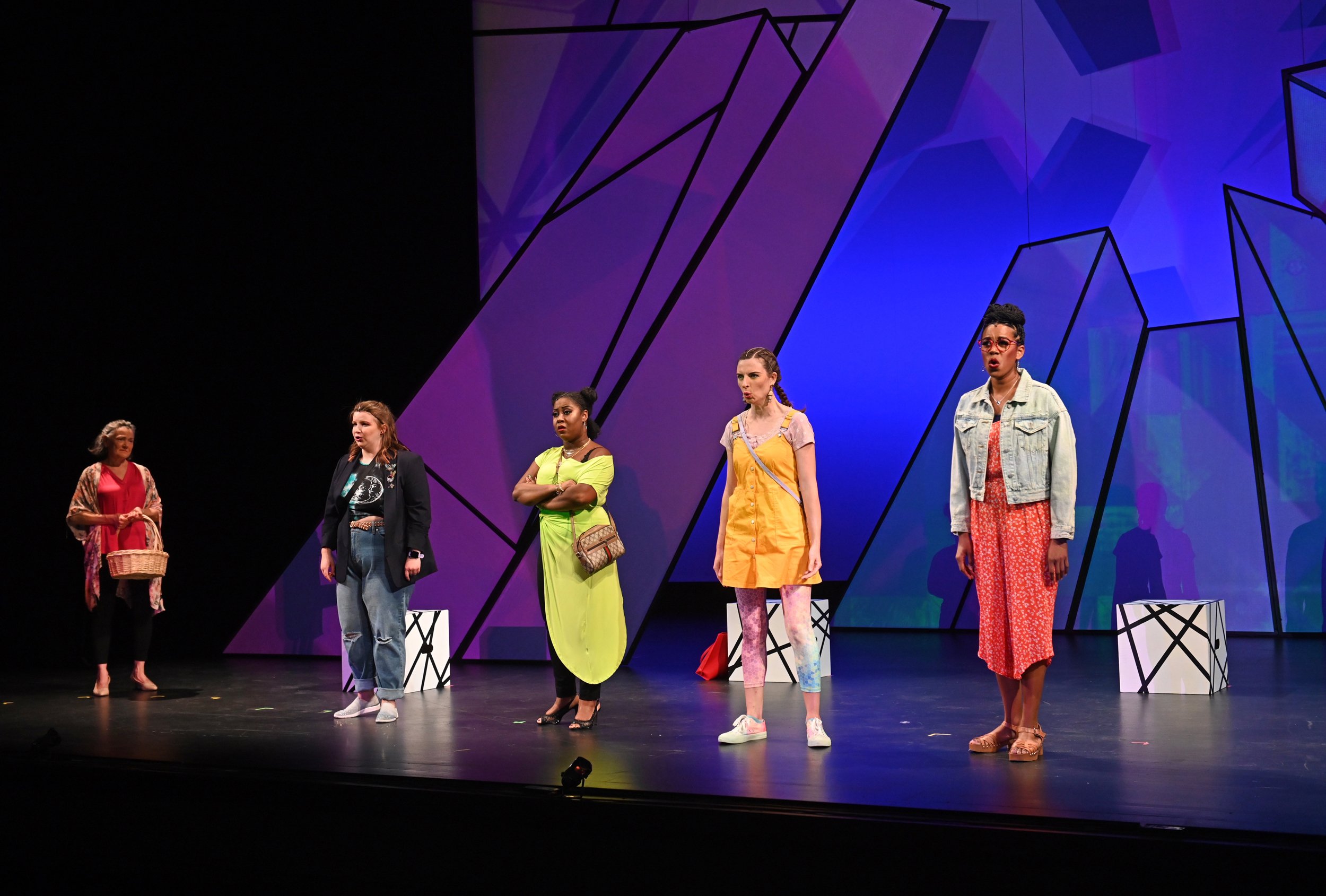  Ms. Lee-Adler (Wendy Hill), with Rumer (Megan Graves), Nyomi (Victoria Ellington), Vesta (Lauren McAllister), and Morgan (Alicia Russell Tagert). Photo by Philip Groshong. 