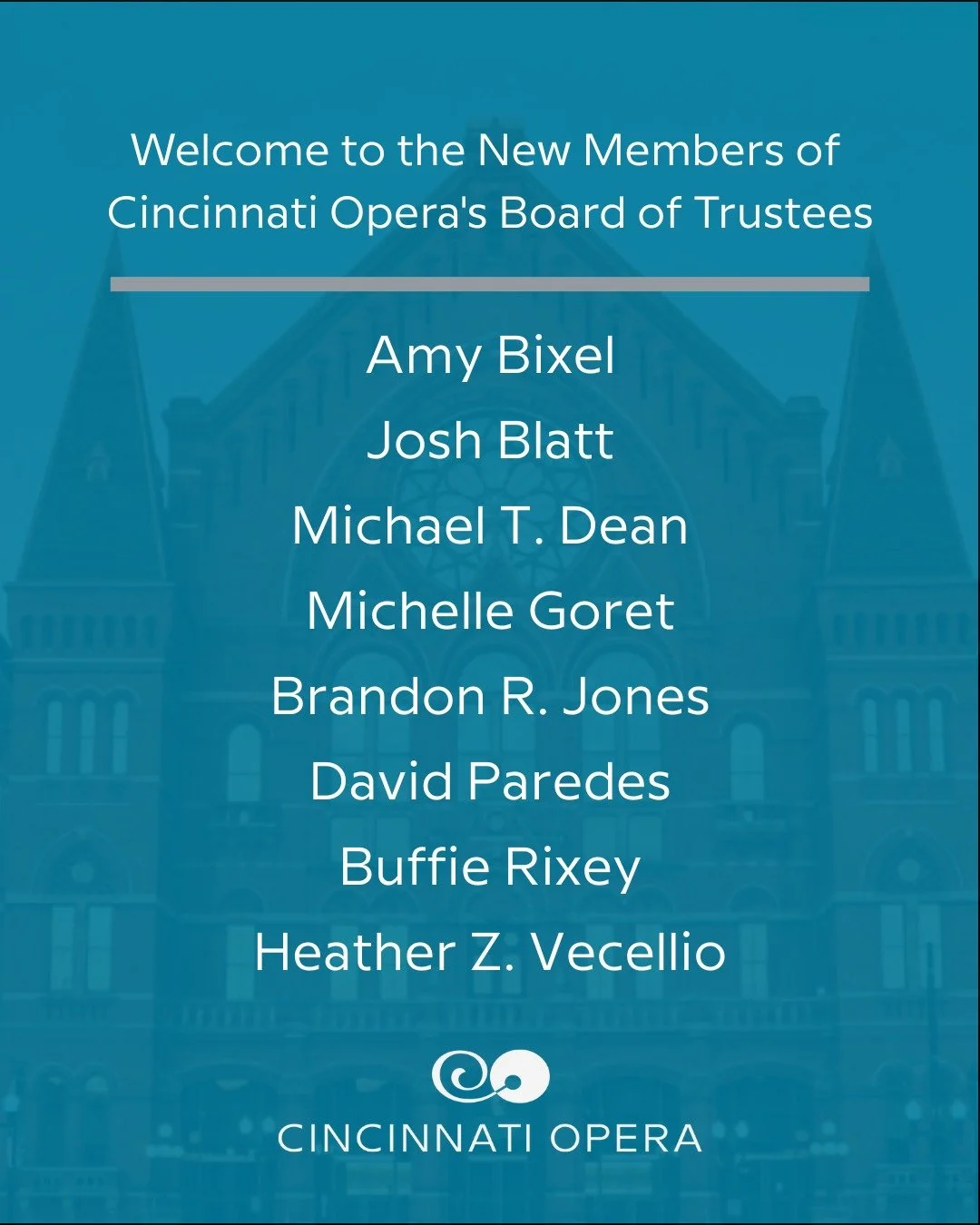📢 We're thrilled to welcome our newest trustees and Cincinnati Opera Board Associates! This talented group will bring their passion, creativity, and expertise to support our mission of enriching and connecting the community through the power of oper