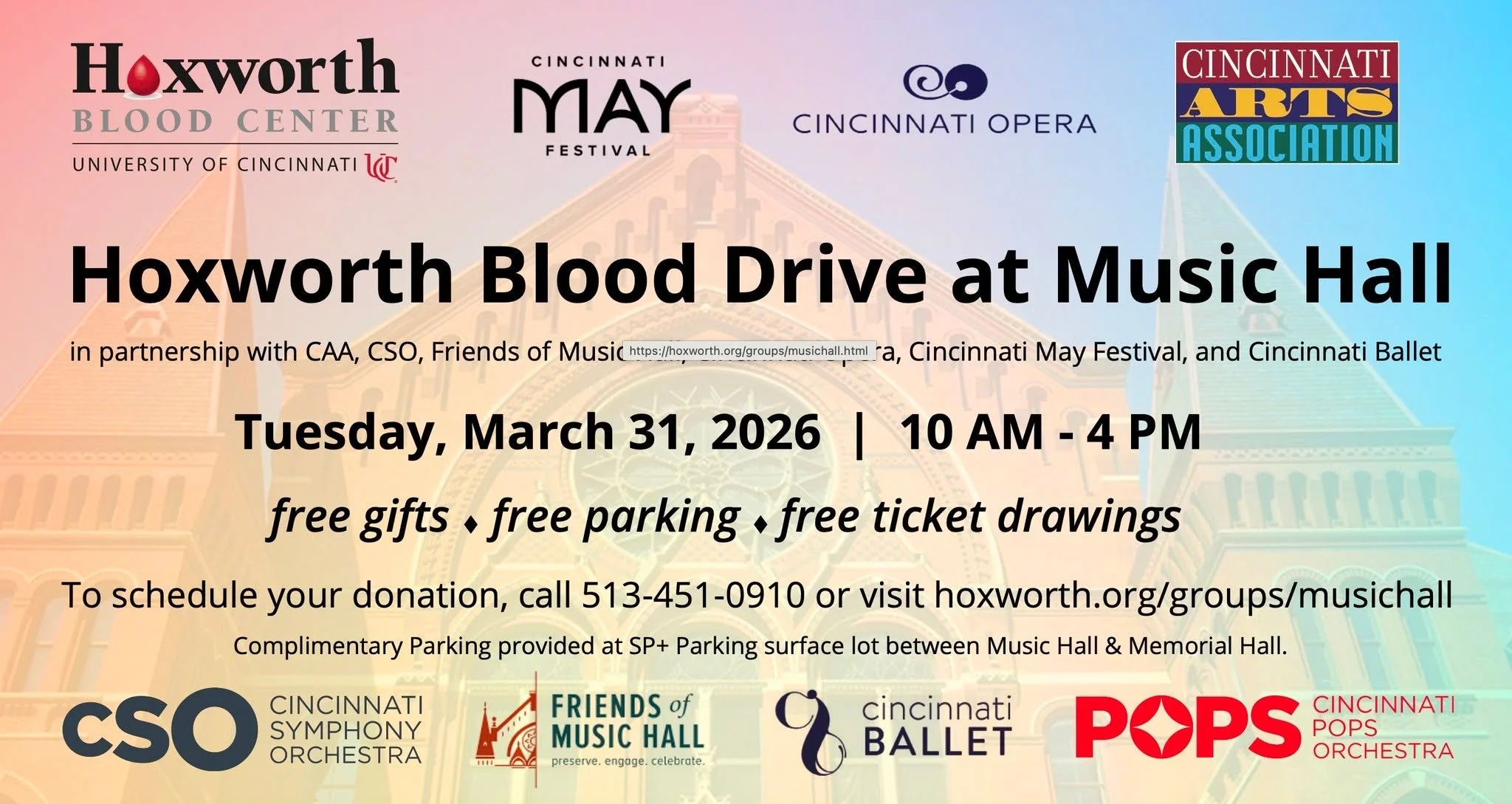 REMINDER
Join Hoxworth Blood Center at Cincinnati Music Hall for Music to Our Veins: Give Blood &amp; Experience Live Performances. 

📅 March 31 | 10 AM &ndash; 4 PM

Enjoy live performances throughout the day while making a life-saving impact for p