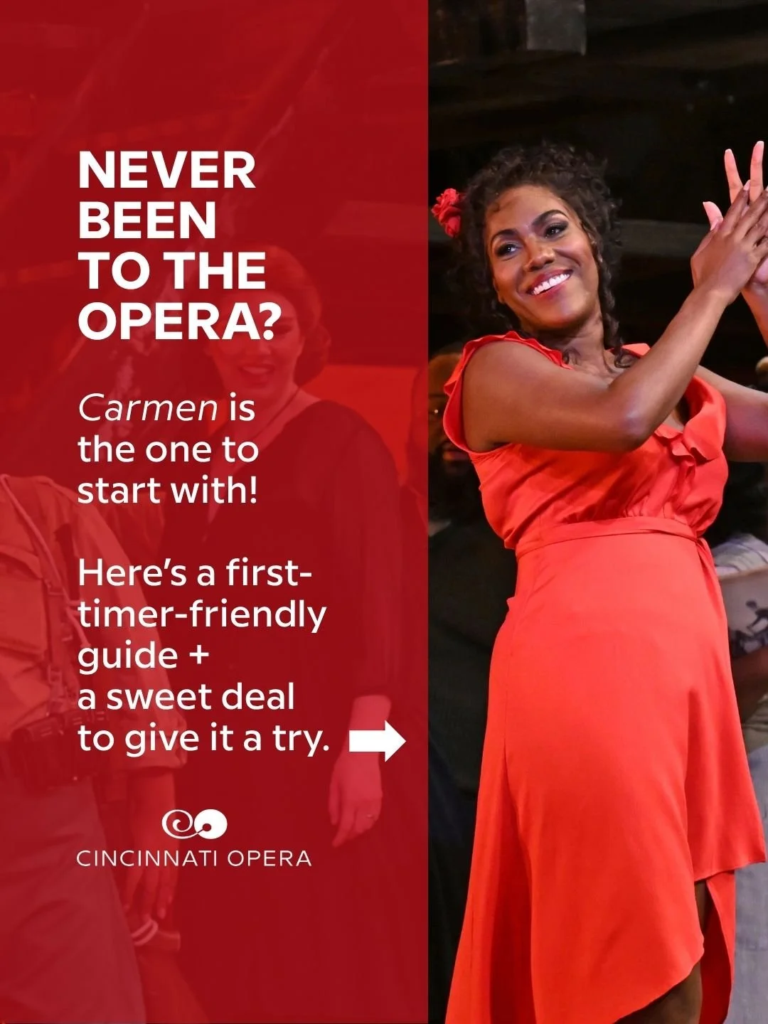 Looking to try opera? CARMEN is where to start, and we're here to sweeten the deal! First-timers are eligible for a special ticket price of $25 for the Friday, July 31 performance of CARMEN at @musichallcincy. Grab a friend or three and make some ope
