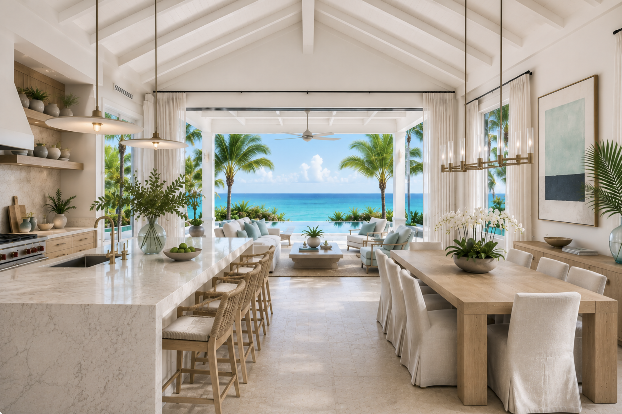 A bespoke open-concept kitchen and dining room in a Bahamas luxury vacation estate, featuring a massive marble island with barstools, a long wooden dining table with slipcovered chairs, and a seamless view out to a tropical palm-lined beach.