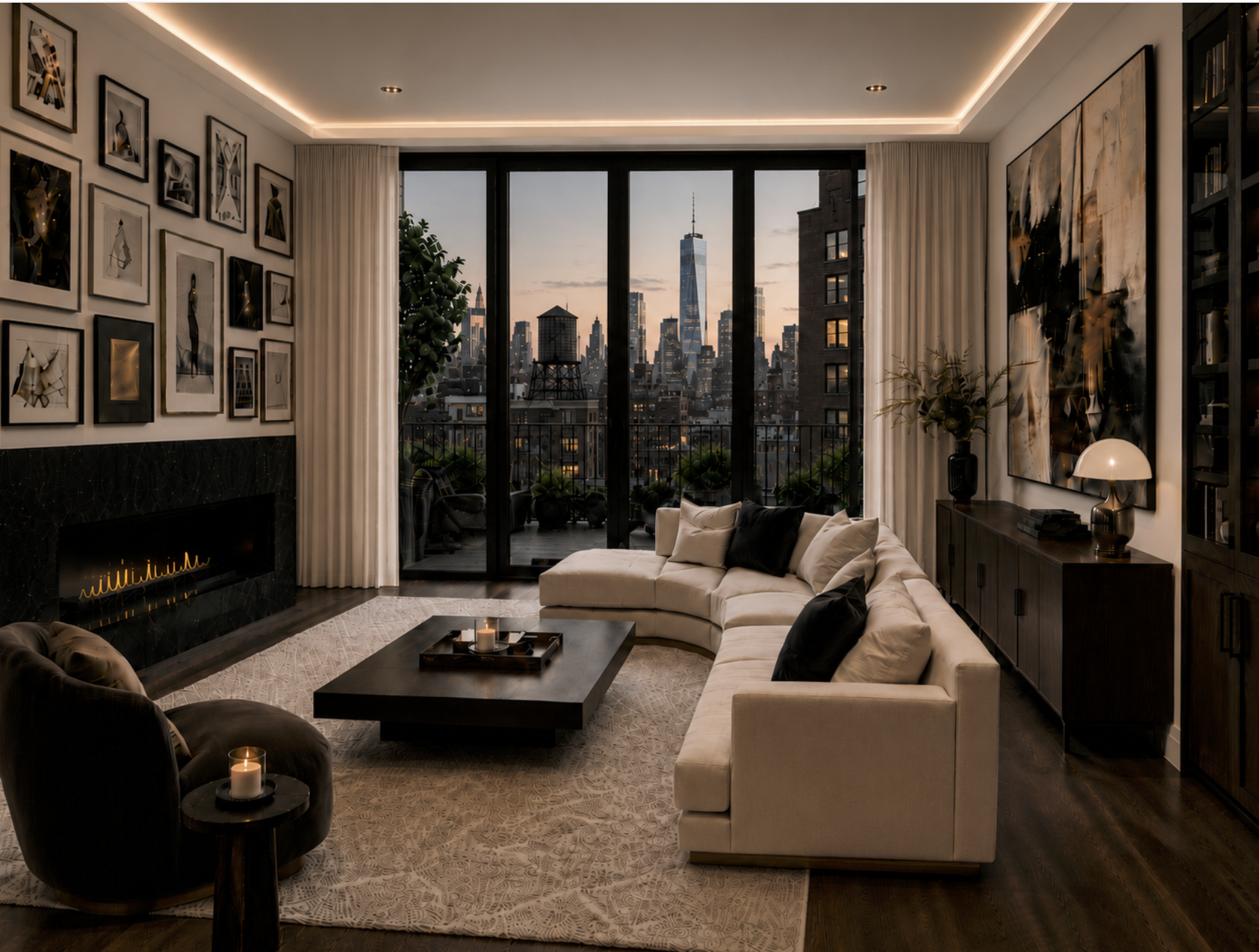 Luxury Tribeca penthouse living room featuring Holland and Sherry wool sectional, gallery art wall, and black onyx fireplace by Exclusively To Design, premier Miami interior designers.