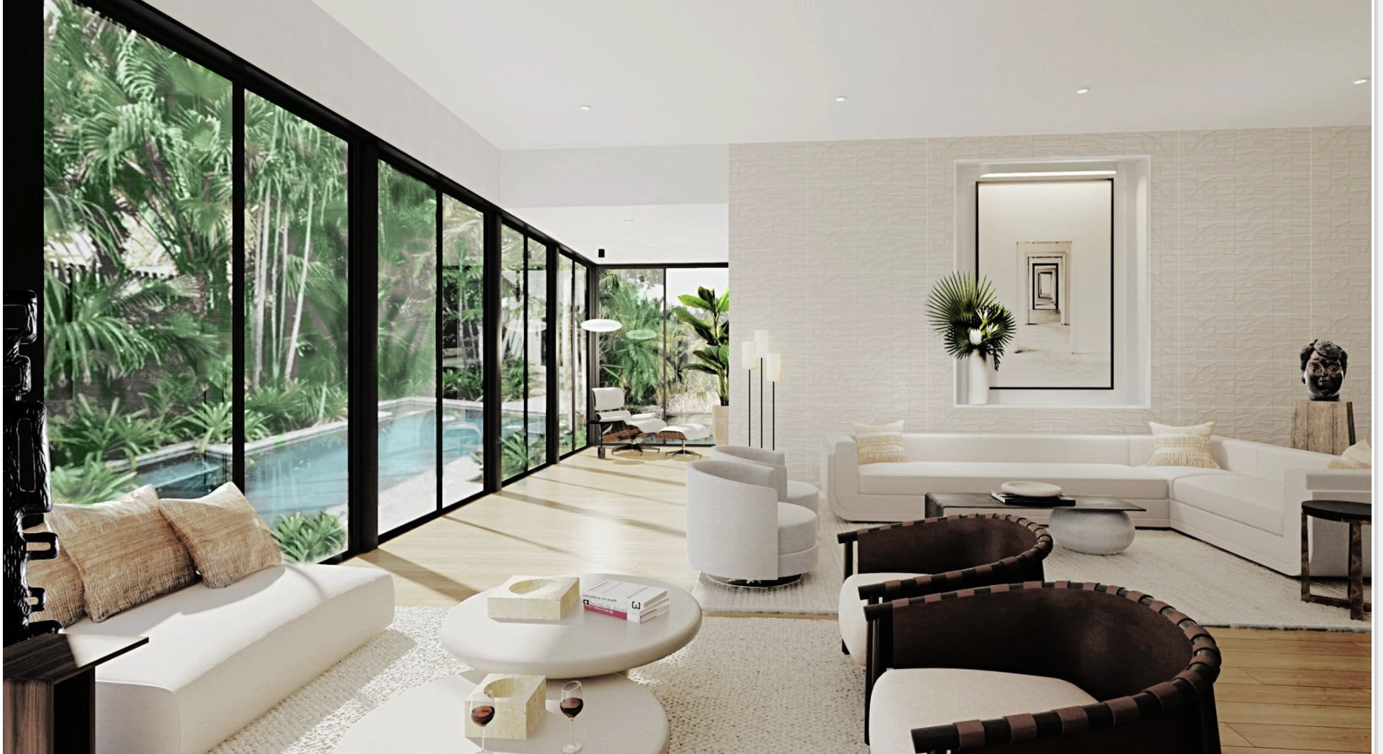 Luxury contemporary living room design in Miami Beach Pine Tree residence featuring blonde oak flooring, designer furnishings, and large ivory geometric 3D tile feature wall