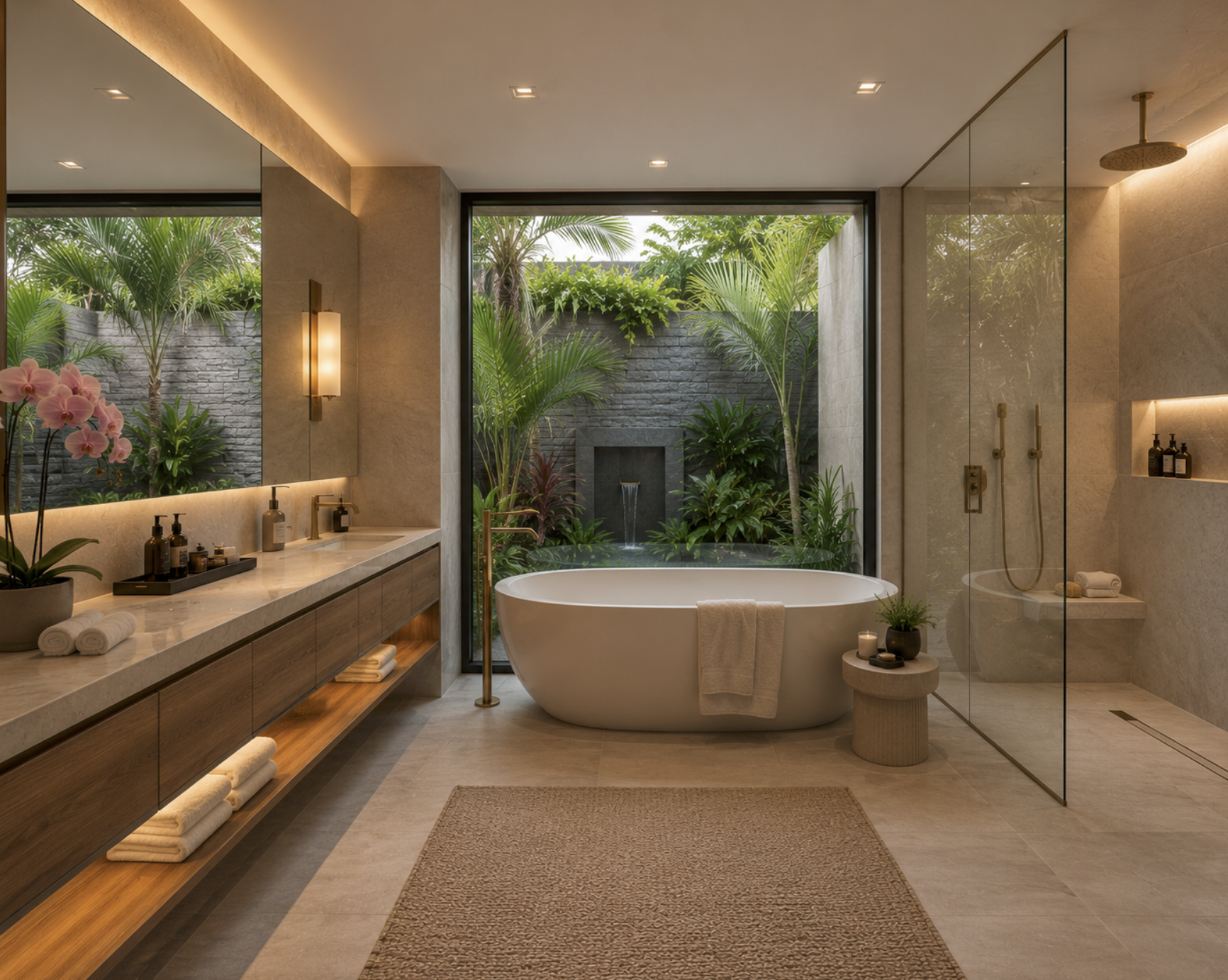 A luxury master bathroom on the second floor with a floating wire-brushed oak vanity, an illuminated mirror, a freestanding soaking tub, and a large window looking out onto an enclosed tropical stone garden with a water fountain.⁠