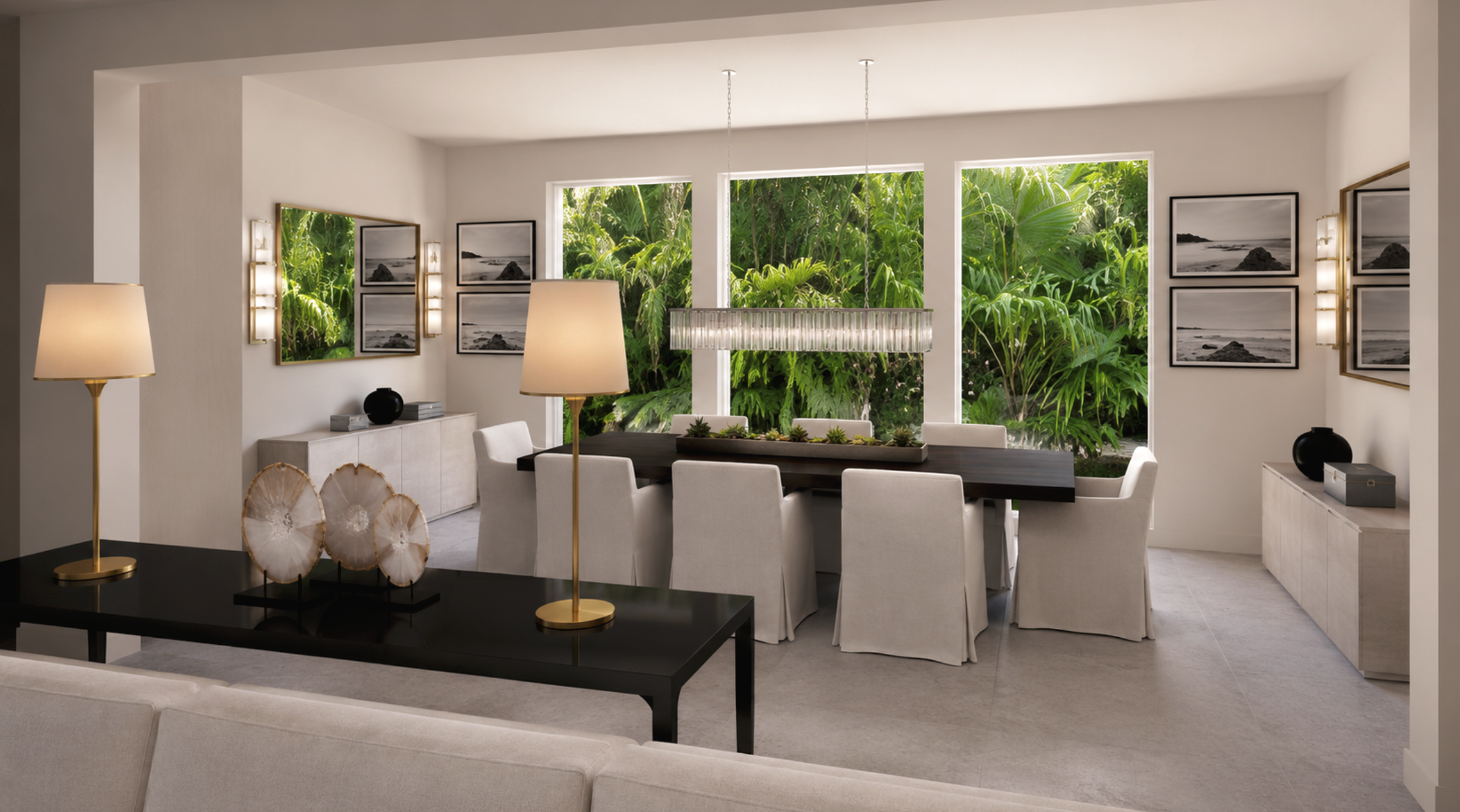 Sunken dining room in a Venetian Islands complete home remodel with a custom dark wood table, tailored slipcovered chairs, statement lighting, and floor-to-ceiling tropical garden views.