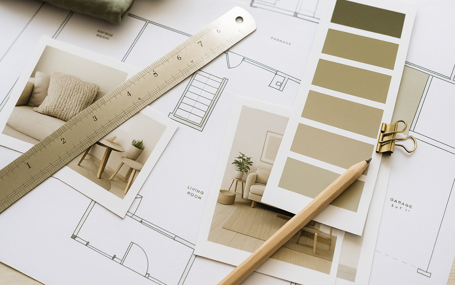 Interior design material selection including color palette samples, furniture concepts and layout planning