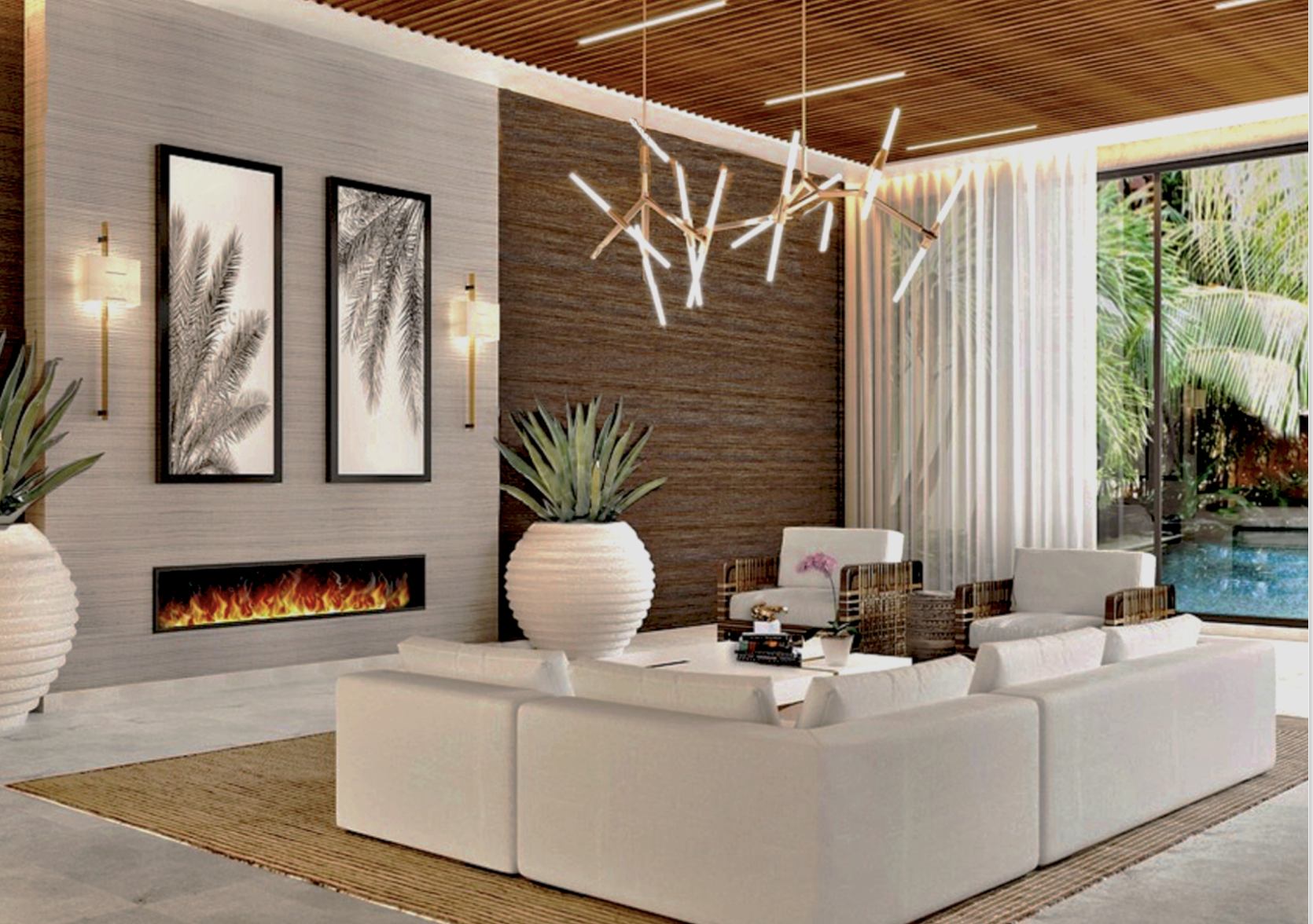 Open luxury livingroom with open slat drop ceiling, tonal abaca wall covering and LED lighting overlooking lush pool landscape